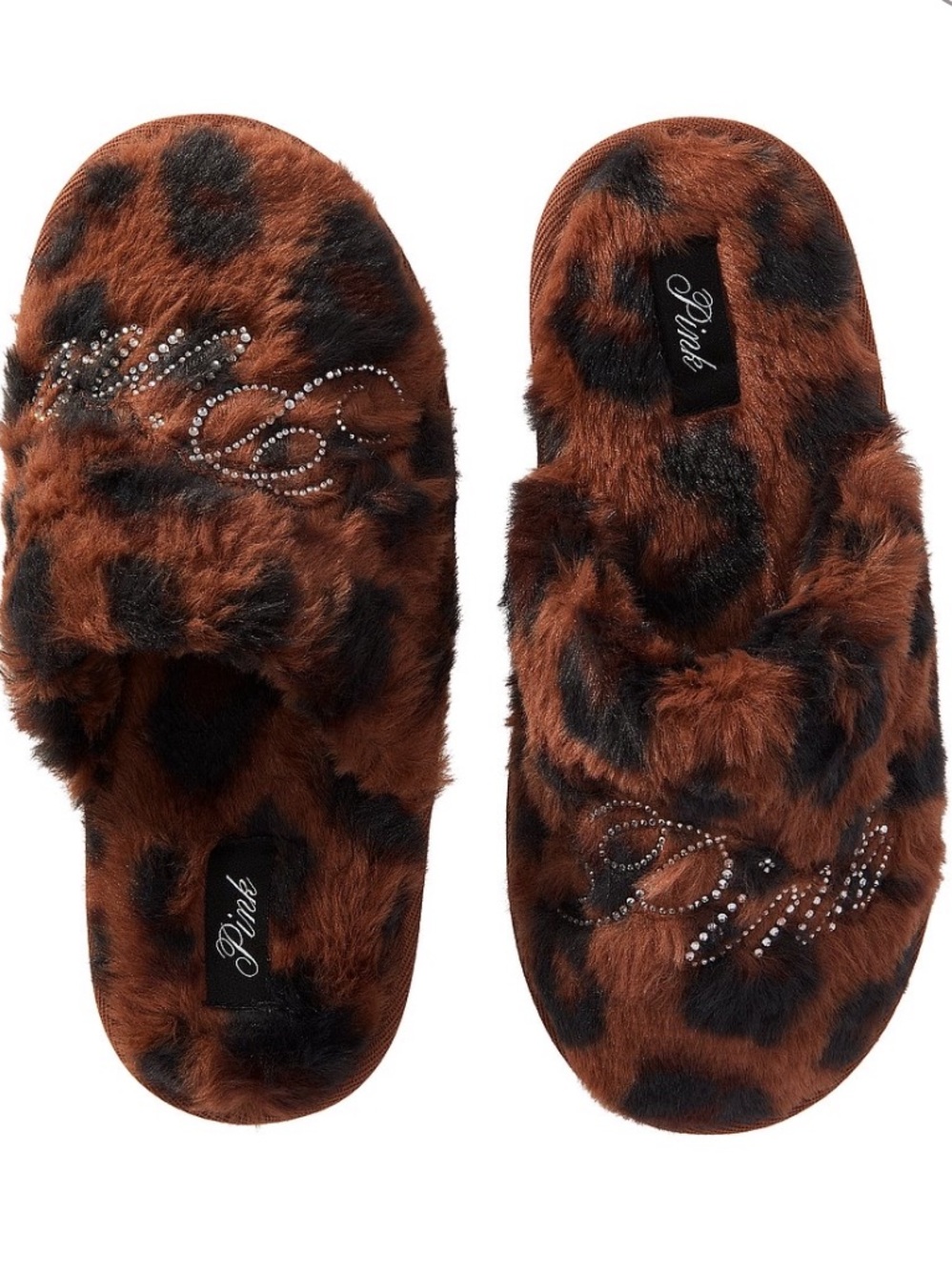 Victoria Secret Pink Leopard Bling Slippers size L 9-10 NWT